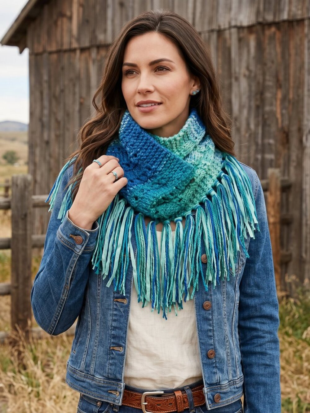 NEW Hand Knitted Boho Cowl Scarf Blue Green Ombre Indie Artsy Coastal Fairy Chic